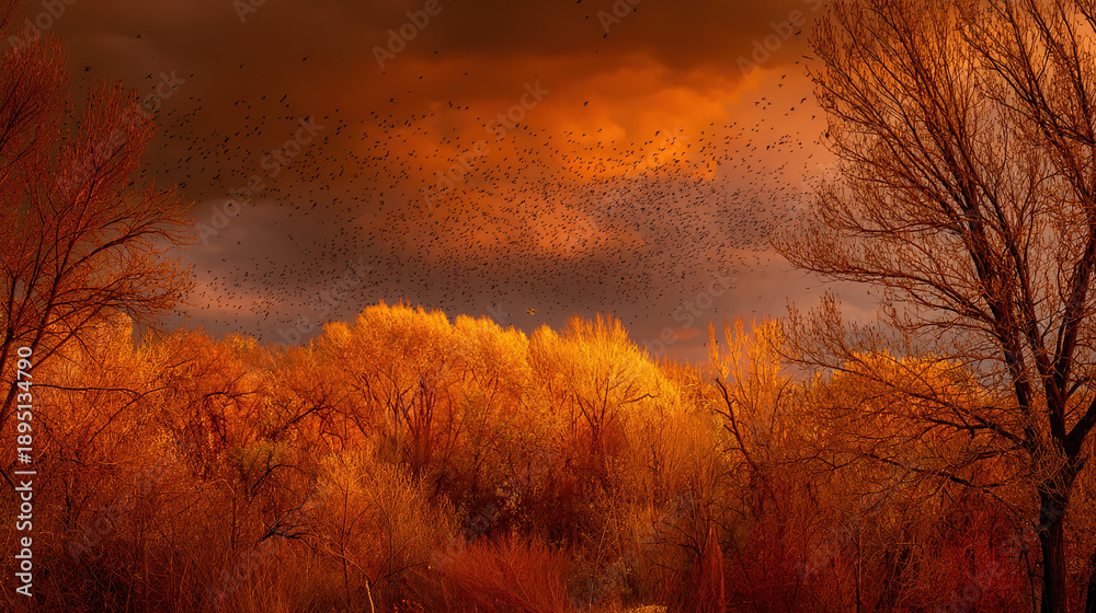 Naklejka premium migration. A flock of birds migrates south across an autumn sky at golden hour. representing seasonal cycles and harvest abundance, wildlife magazines, designed for eco-tourism storytelling. 