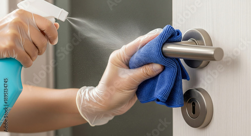 Hands wearing gloves cleaning a doorknob with a spray bottle and cloth for hygiene and disinfection