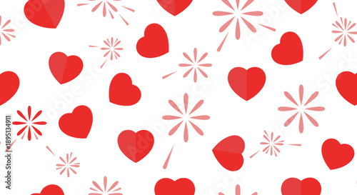 Red heart and starburst shapes on white.
