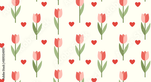 Vibrant floral pattern with tulips and hearts.