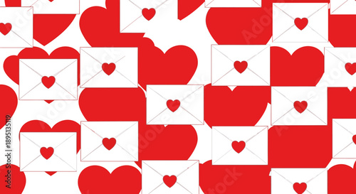 Red hearts and envelopes pattern background.