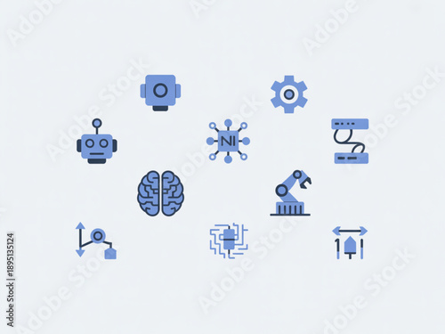 Modern Flat Blue AI and Robotics Icons Set with Brain, Robot, Gear, and Data Symbols