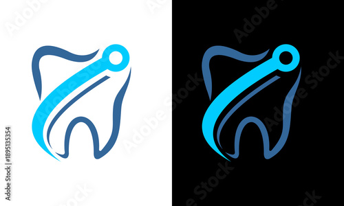 Stylized tooth logo design presented in dual contrasting backgrounds showcasing modern dental concept