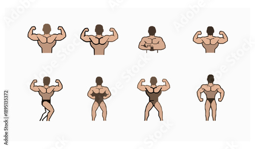Old school bodybuilder muscle pose icon set in vintage flat vector style