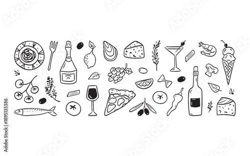 Hand drawn vector icon set of food and drink with glasses bottles cups and beverages