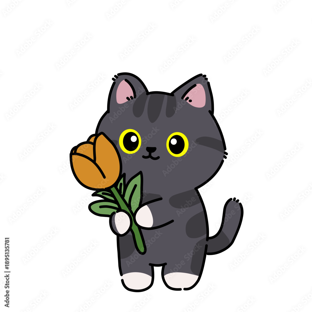 Obraz premium Adorable black cartoon cat holding a flower, cute illustration with soft colors, perfect for love themes, greeting cards, stickers, and charming pet designs.