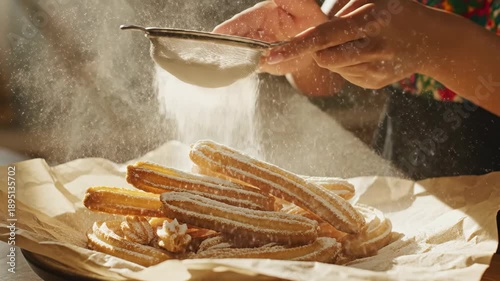Delicious Churros Sprinkled with Powdered Sugar, Culinary Delight, Food Preparation.