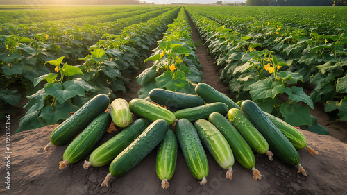 Fresh Green Cucumbers on Soil in a Vibrant Sunlit Field