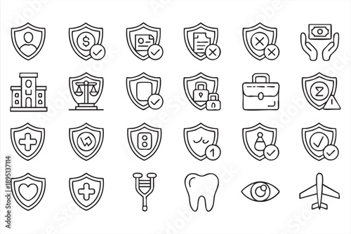 Protection Shields and Insurance Symbols Line Icons