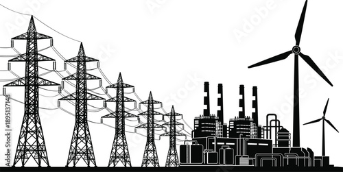 Electric power grid and energy infrastructure silhouette illustration showing transmission towers, industrial power plant, and wind turbines for modern energy production concepts