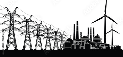 Energy infrastructure silhouette illustration showing power transmission towers, industrial plant, and wind turbines representing electricity grid and modern energy production systems