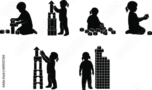 Children playing with building blocks silhouette set showing creative learning development construction toys and early childhood education concept illustration