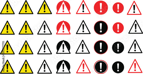 Warning icons with exclamation marks in triangle and circle shapes, yellow, red, black, white alert symbols for UI design