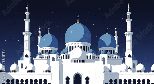 Night Panorama of a White Mosque with Blue Domes under a Starry Sky