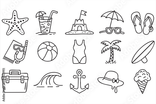 Summer Beach and Vacation Line Icons for Travel Design