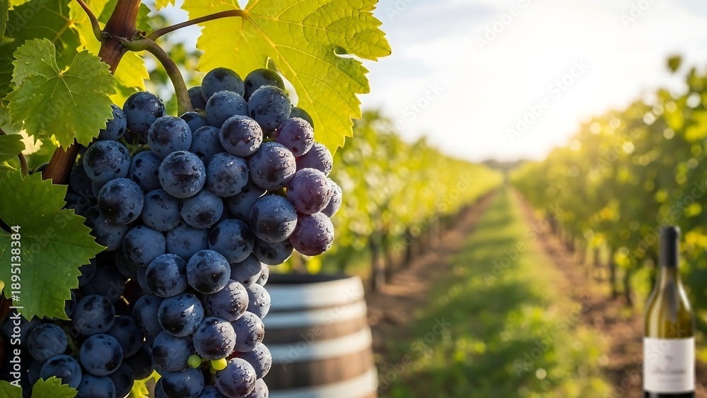 Naklejka premium Grapes on vine with wine bottle.