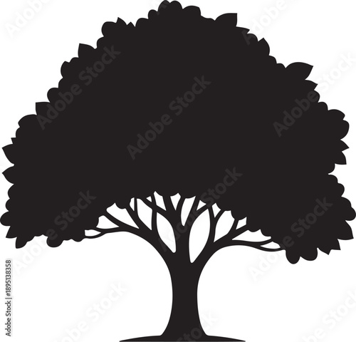 Black and white vector silhouette of a dense round leafy deciduous tree featuring a thick trunk and multiple branches isolated on a plain white background