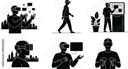 Virtual reality technology silhouette set illustrating people using VR headsets for immersive interaction, digital innovation, and futuristic user experience concepts