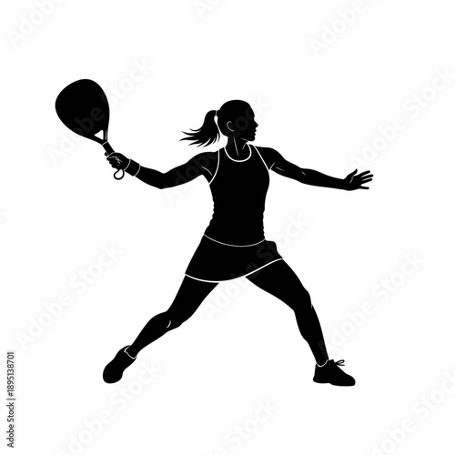 Silhouette of a woman playing padel tennis, hitting the ball with a racket.