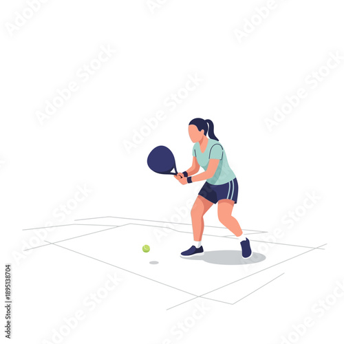 Woman playing padel tennis on court, action shot, flat design illustration