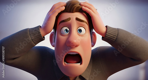 A 3D animated man with wide eyes and an open mouth, holding his hands to his head in a state of shock, panic, or extreme surprise.