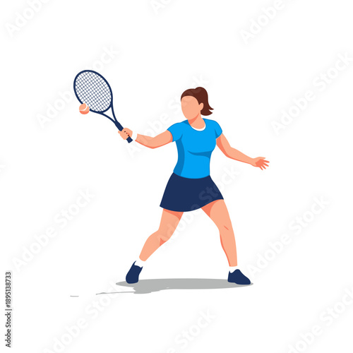 Woman playing tennis, holding racket, ready to hit ball, flat illustration, isolated on white