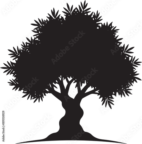 A black and white vector silhouette of an ancient olive tree featuring a thick twisted trunk and dense leafy branches isolated on a white background