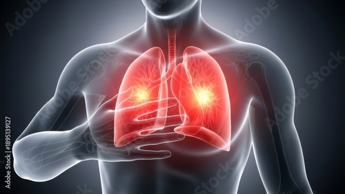 Respiratory illness affecting lungs and chest causing pain and breathing difficulty on male body