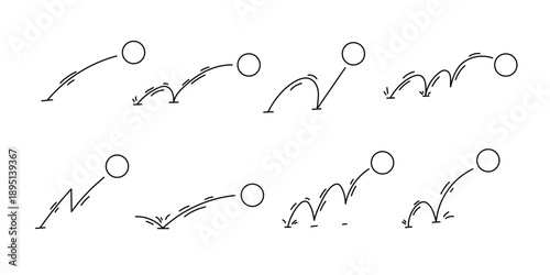 Bouncing ball trajectory icons with sketch arrows and motion lines