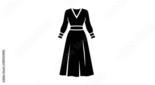 Simple black dress with V-neck and long sleeves illustration.