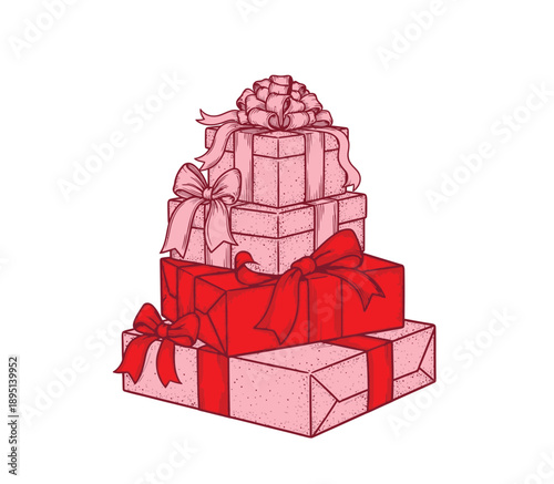 A whimsical stack of cheerfully wrapped gift boxes adorned with ribbons and bows, symbolizing the joy and excitement of festive celebrations and special occasions, perfect for holiday greetings