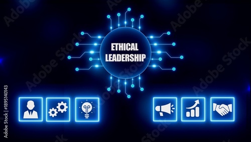 Foto Blue circuit board with ethical leadership text and
