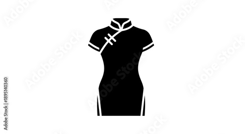 Black cheongsam dress with white trim and collar detail.