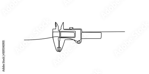 Continuous line art drawing of a caliper measuring tool against a white background.