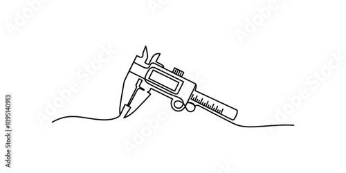 A continuous line drawing illustration of a digital caliper, precision measuring tool