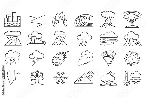 Natural Disaster and Extreme Weather Line Icons Set