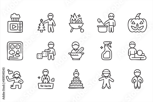 Parenting, Cooking, and Cleaning Family Line Icons