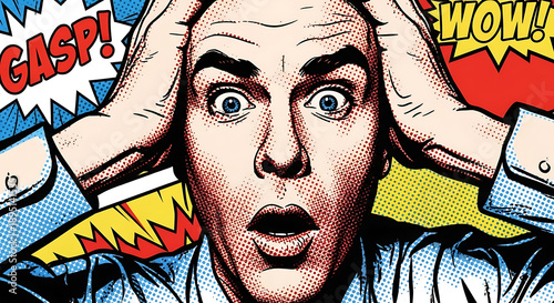 A pop art illustration of a man with a shocked expression, hands on his head, surrounded by comic book sound effects like 