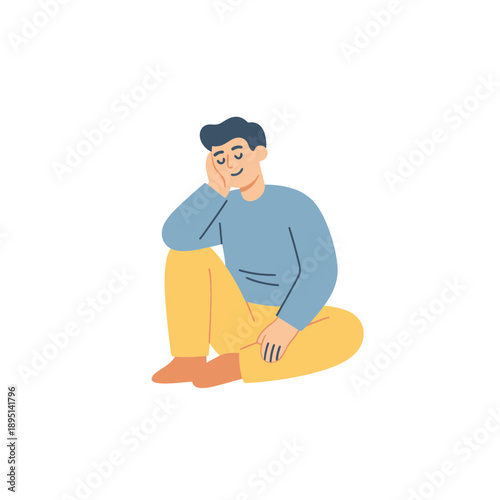 Peaceful Man Sitting and Daydreaming Flat Vector Illustration