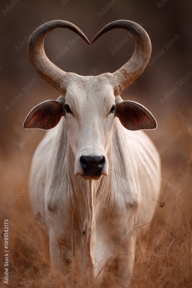 Fototapeta premium Close-up of a white cow with heart-shaped horns (1)