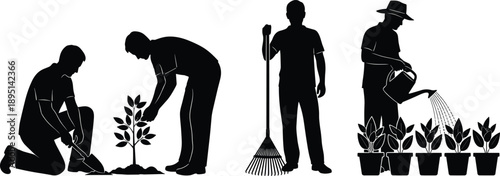 Silhouette of people gardening and planting trees, showing eco friendly lifestyle, teamwork, environmental care, sustainability, agriculture, and nature conservation