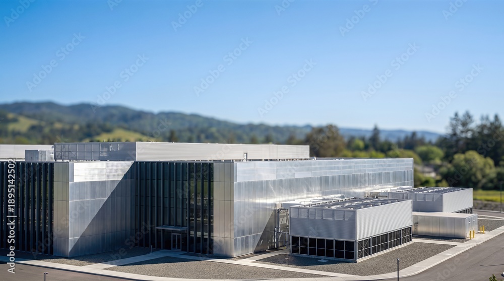 Fototapeta premium Modern Silver Data Center Building Exterior With Tilt Shift Effect