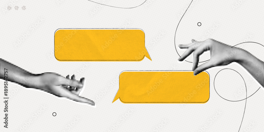 Fototapeta premium Trendy Halftone Collage Hands holding two yellow speech bubble messages. Social media communication. Empty space for quote, plan and idea. Dots element. Contemporary vector illustration art