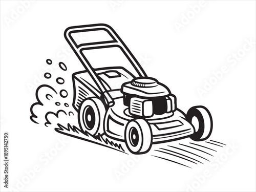 Lawn Mower Cutting Grass Silhouette, Push lawn mower silhouette illustration showing manual grass cutting machine vector illustration 