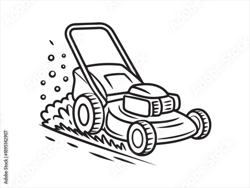 Lawn Mower Cutting Grass Silhouette, Push lawn mower silhouette illustration showing manual grass cutting machine vector illustration 