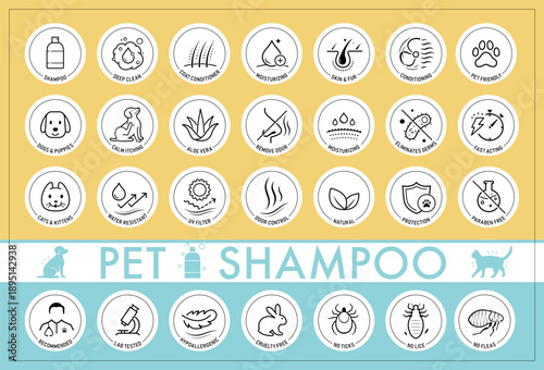 Pet shampoo and conditioner icons set. The outline icons are well scalable and editable. Contrasting elements are good for different backgrounds. EPS10.