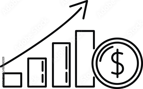 Financial growth bar chart icon with upward arrow and dollar symbol representing profit increase, business success, revenue growth, and investment performance