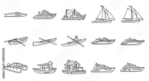 Collection of Various Boats and Ships Illustrations.