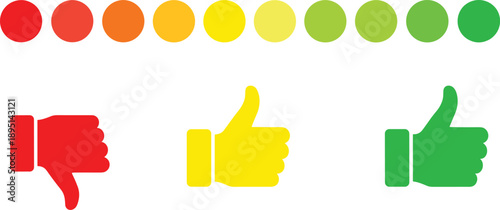 Feedback scale icon with red to green gradient circles and thumbs up/down for sentiment rating and evaluation