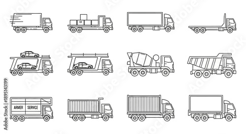 Collection of Various Trucks and Lorries Outlined.